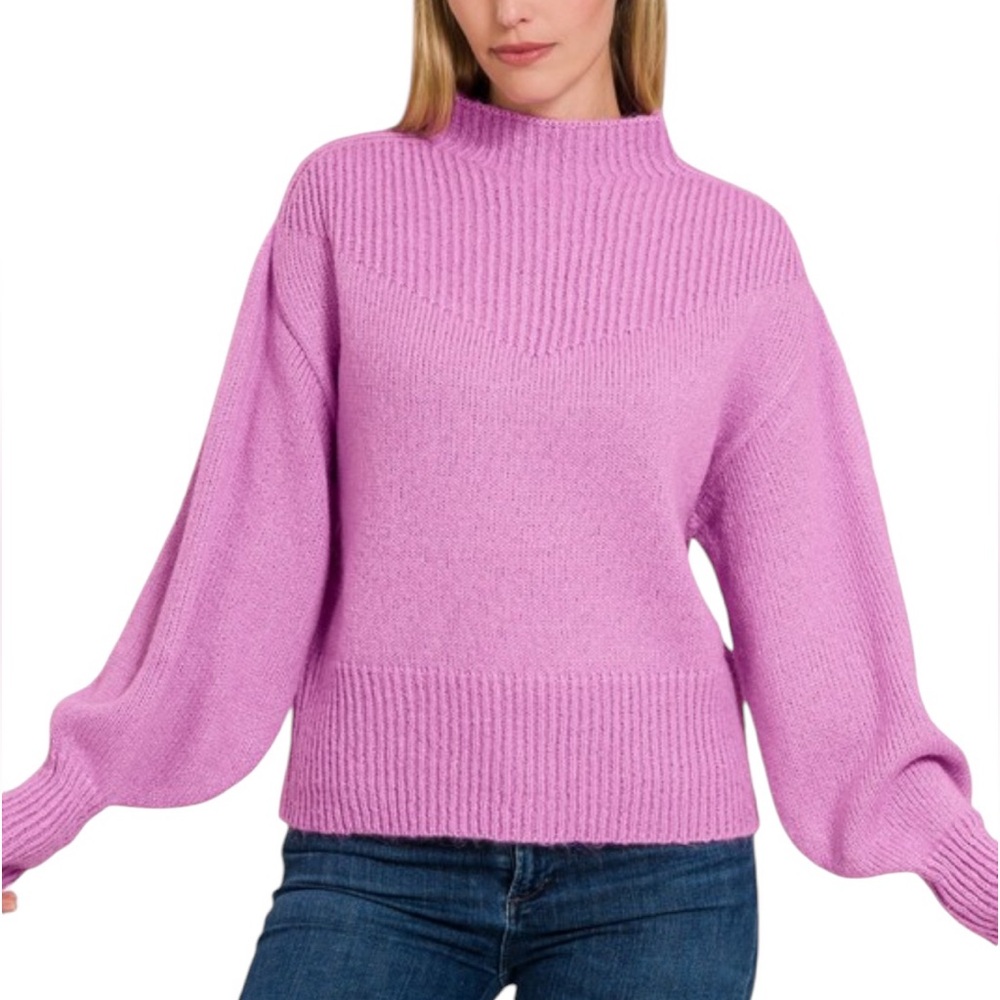 Zenana Mauve Mock Neck Long Sleeve Balloon Sleeve Sweater Knit - Picture 6 of 6
